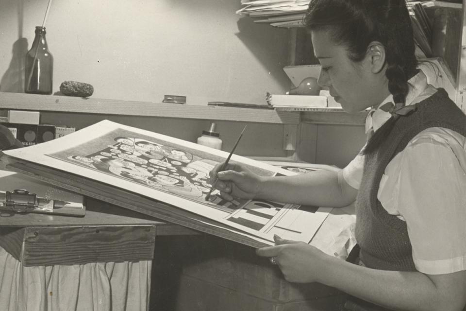 Miné Okubo drawing the cover of the second issue of Trek